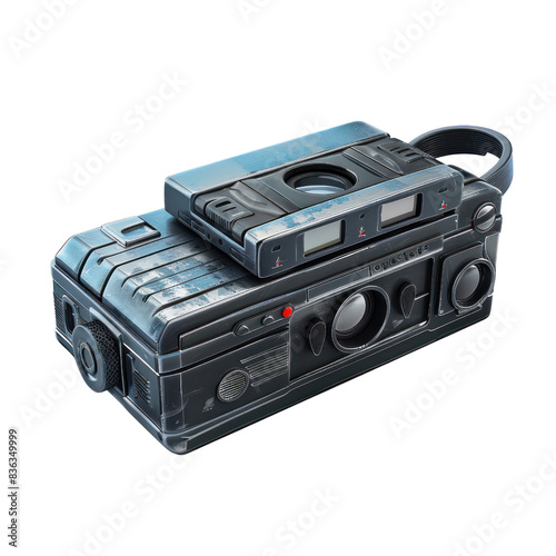 Vintage cassette tape and camera combination in a retro design, representing nostalgic technology and classic photography equipment. transparent backgrounds