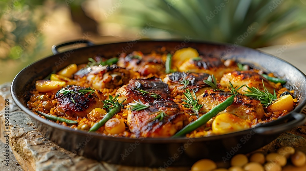 Aromatic chicken and rabbit paella, featuring tender pieces of meat mixed with green beans, white beans, and artichokes in a golden rice base. Aromatic chicken and rabbit paella, featuring tender pieces of meat mixed with green beans, white beans, and artichokes in a golden rice base.