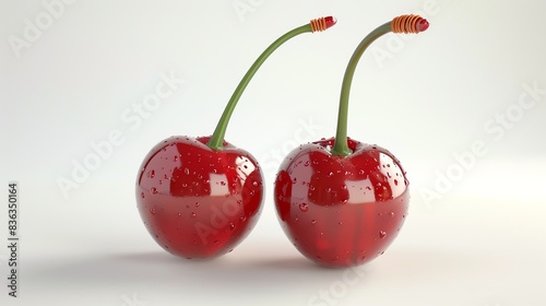 a sweet red cherry pair with green stems and a glossy finish on a white background