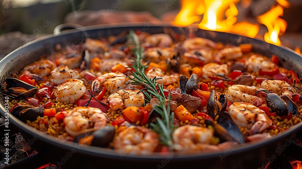 Mixed paella, combining seafood and meat with vibrant red peppers and rosemary sprigs atop saffron rice. Mixed paella, combining seafood and meat with vibrant red peppers and rosemary sprigs atop saffron rice.