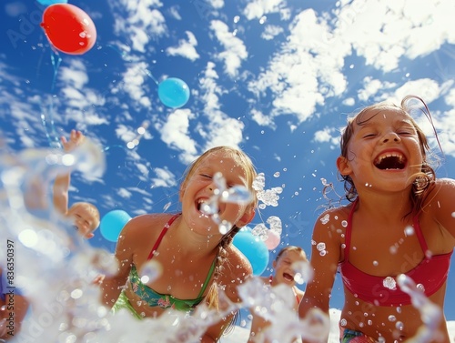 Joyful Kids Playing with Water Balloons in a Sunny Backyard | Happy Children Laughing and Splashing Outdoors on a Summer Day with Ample Copy Space in Blue Sky