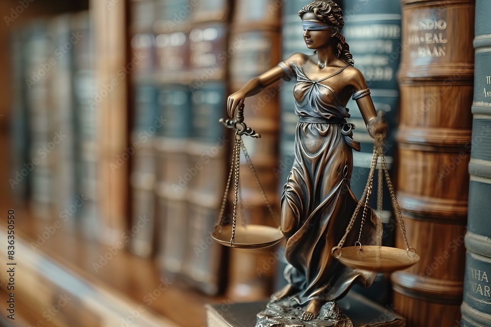 Lady justice with scales in front of bookshelves Lady justice with scales in front of bookshelves