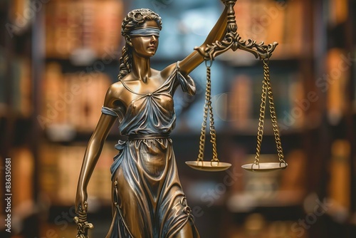 Lady justice with scales in front of shelves photo
