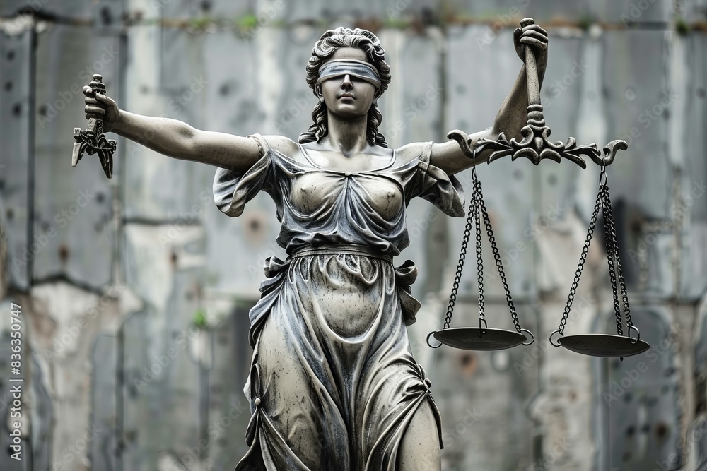 Lady justice with scales in front of wall