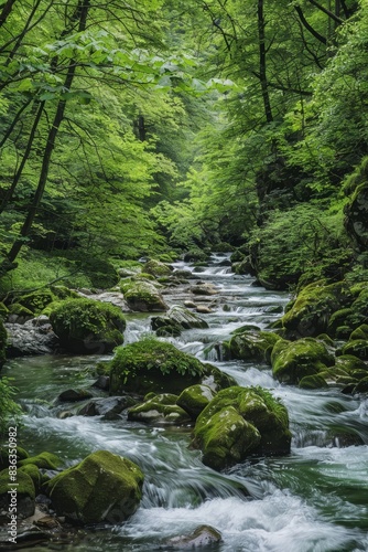 Serene River Flowing Through Verdant Forest Blanketed with Mossy Trees - Tranquil Nature Landscape with Copyspace