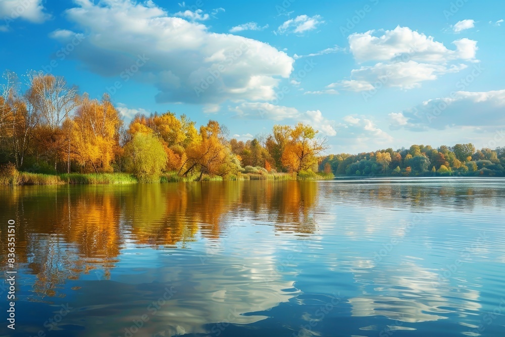 Serene Autumn Reflections on a Tranquil Lake with Copyspace. Serene Autumn Reflections on a Tranquil Lake with Copyspace.
