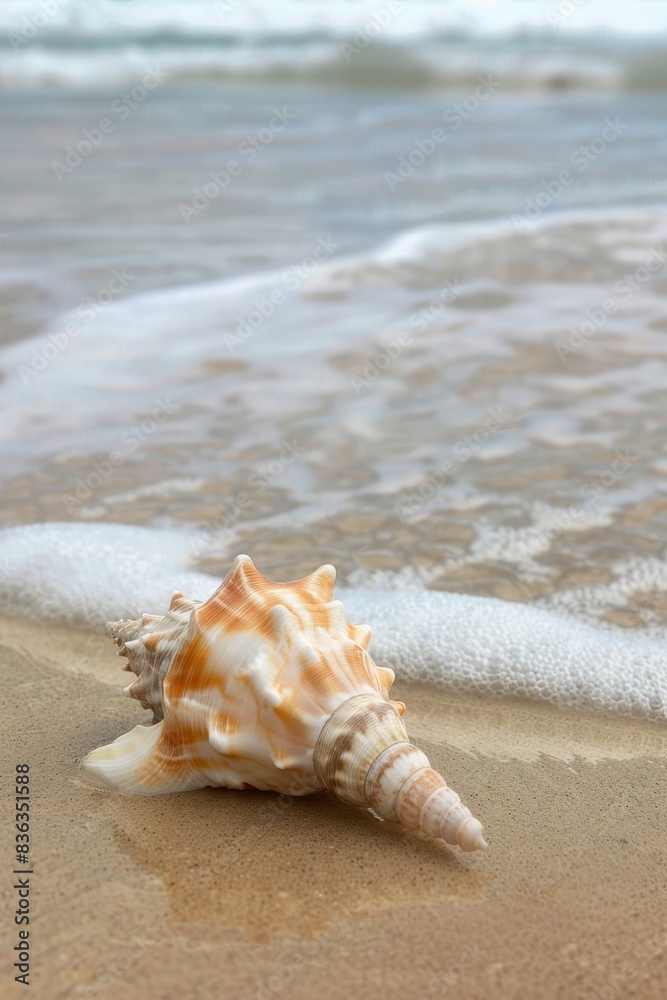 Tranquil Seashell on Sandy Beach with Gentle Waves - Relaxing Ocean Vibes with Copy Space for Text or Design Tranquil Seashell on Sandy Beach with Gentle Waves - Relaxing Ocean Vibes with Copy Space for Text or Design