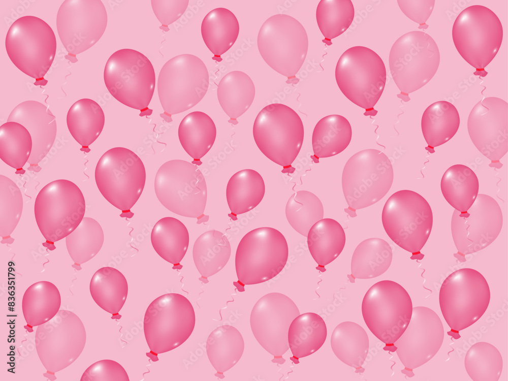 Pink  elegant, aesthetic, stylish backgrounds with balloons and ribbons. Holiday decoration.  Beautiful banner with balloons for Birthday and celebration. 