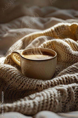 Morning Bliss - Close-up of Steaming Coffee Cup on Cozy Knit Blanket with Copyspace