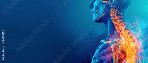 Bluethemed banner with shoulder AP xray, joint pain illustration, medical diagnostics