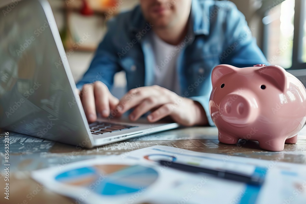 Person using laptop, piggy bank to pay bills Person using laptop, piggy bank to pay bills