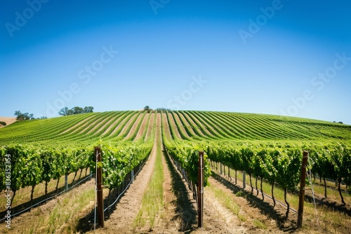 Serene Vineyard Landscape with Rows of Grapevines under Clear Blue Sky  Copyspace for Text or Design.