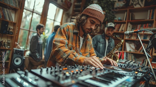 A DJ mixing tracks while a saxophonist plays alongside him in an intimate home studio