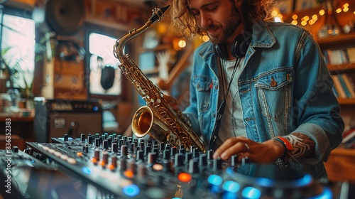 Close-up of a saxophonist playing his instrument with DJ mixing decks in the foreground