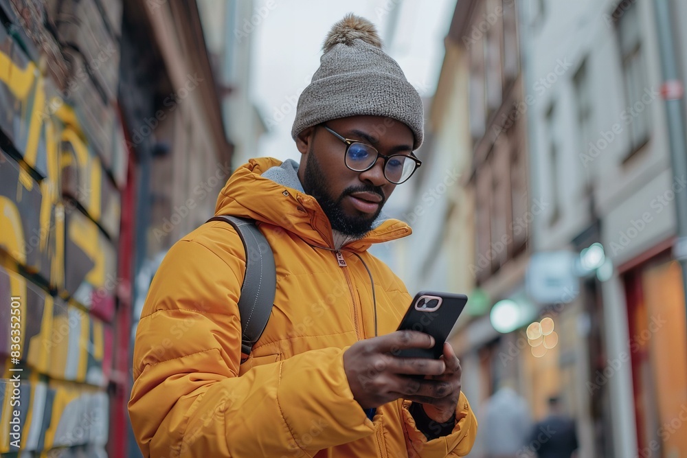 Man in yellow jacket and hat looking at cell phone Man in yellow jacket and hat looking at cell phone