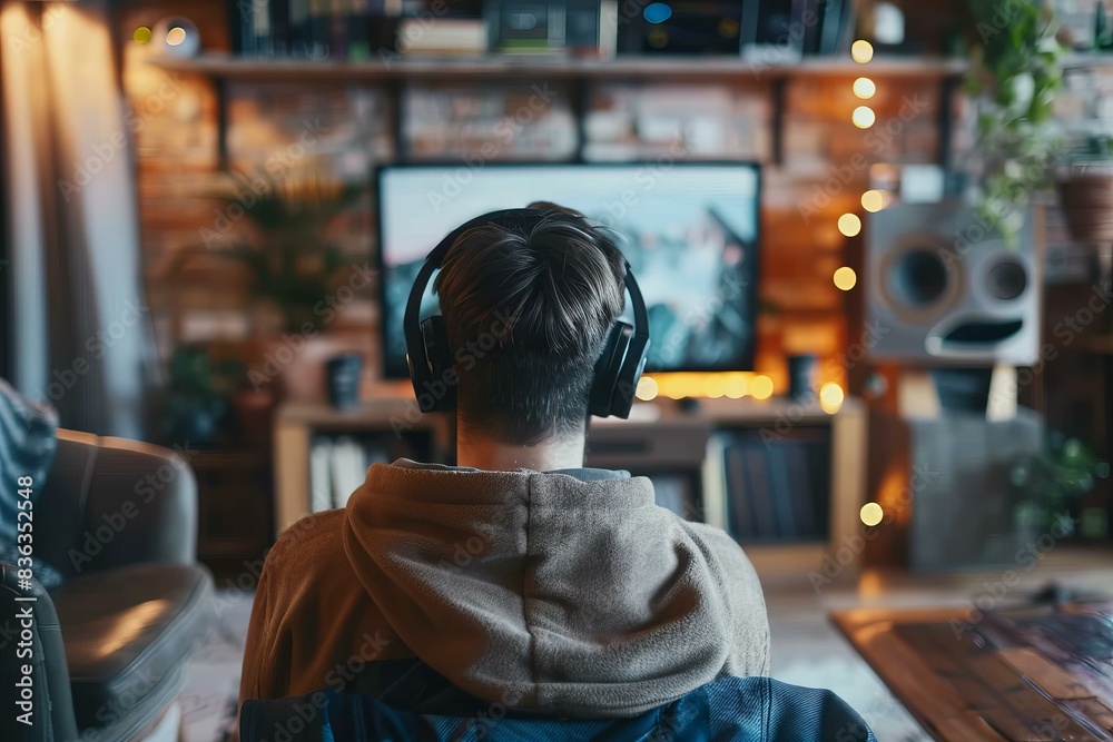 Man sitting in front of a tv with headphones Man sitting in front of a tv with headphones