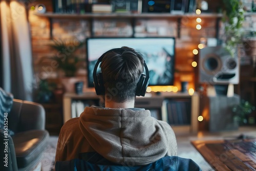 Man sitting in front of a tv with headphones © Sandu