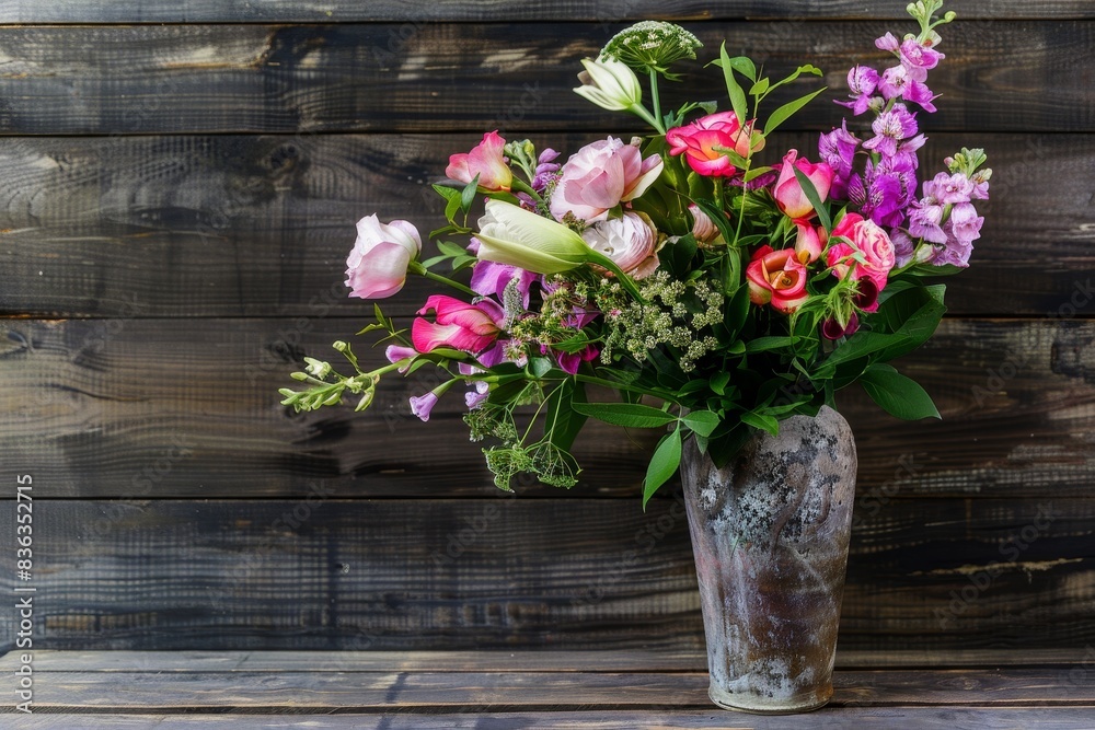 Serene Floral Bouquet in a Vase on Wooden Table with Copyspace Serene Floral Bouquet in a Vase on Wooden Table with Copyspace