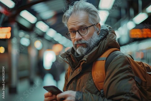 Man with beard and glasses using phone