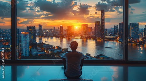 A calm scene of a man sitting comfortably while observing the sunset over a bustling cityscape from a high-rise building photo