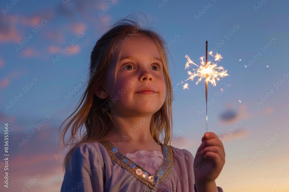 Enchanted Summer Evening: Child Gazing at Sparkler in Twilight Sky Enchanted Summer Evening: Child Gazing at Sparkler in Twilight Sky