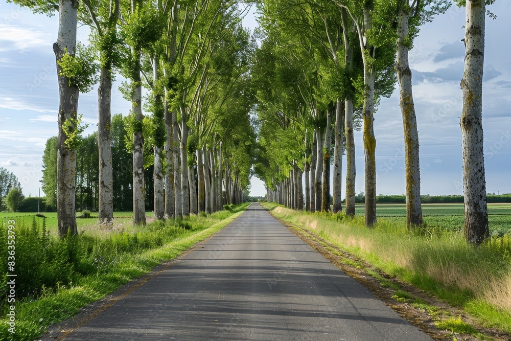 Tranquil Country Road Landscape with Tall Trees and Infinite Horizon, Copy Space Tranquil Country Road Landscape with Tall Trees and Infinite Horizon, Copy Space