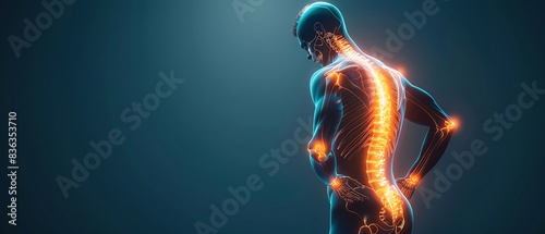 Detailed person with severe back pain shown in 3D rendering, orthopedic illustration