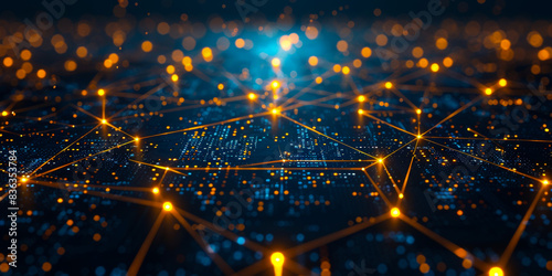 Dynamic Technology Network Background. Abstract background featuring interconnected glowing nodes and lines representing a futuristic digital network.