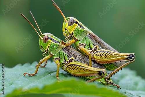 Two grasshoppers resting on leaf with green foliage © Sandu