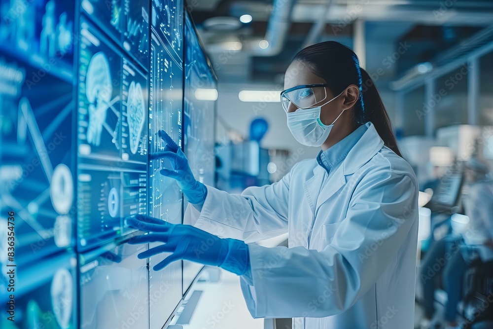 Scientist in lab coat and mask analyzing data on large screen Scientist in lab coat and mask analyzing data on large screen