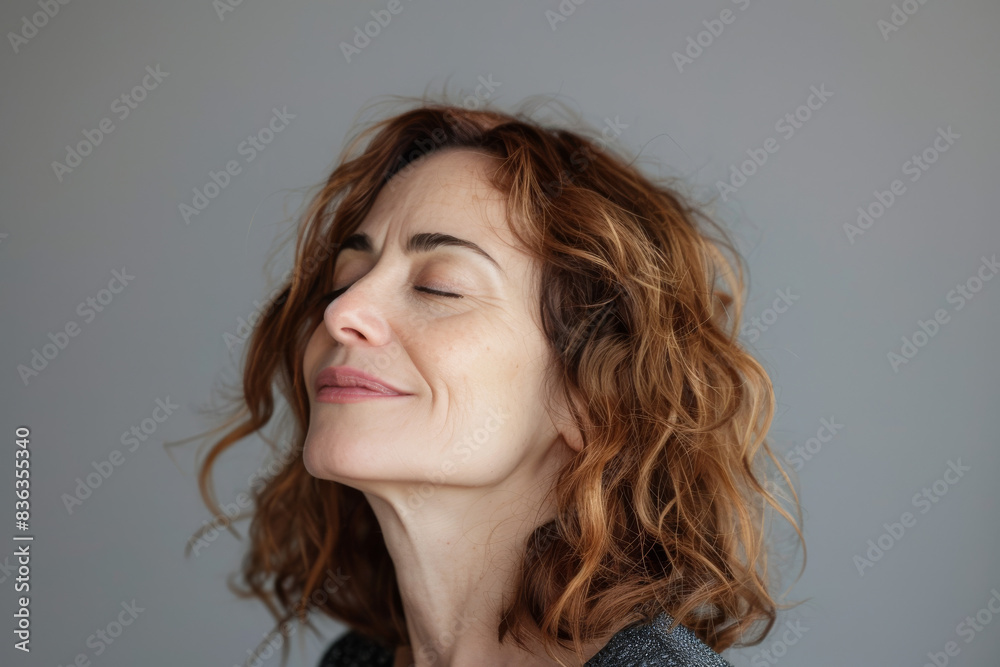 A close up of a woman's face with her eyes closed looking to a side