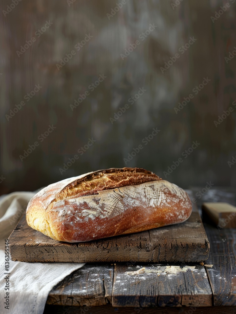 Freshly Baked Golden Crusted Bread on Rustic Wooden Board with Copyspace