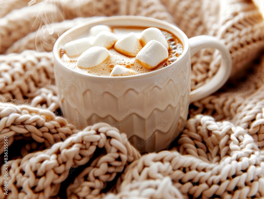 Cozy Winter Vibes - Steamy Hot Chocolate with Marshmallows on Knit Blanket. Copy Space Available. Cozy Winter Vibes - Steamy Hot Chocolate with Marshmallows on Knit Blanket. Copy Space Available.
