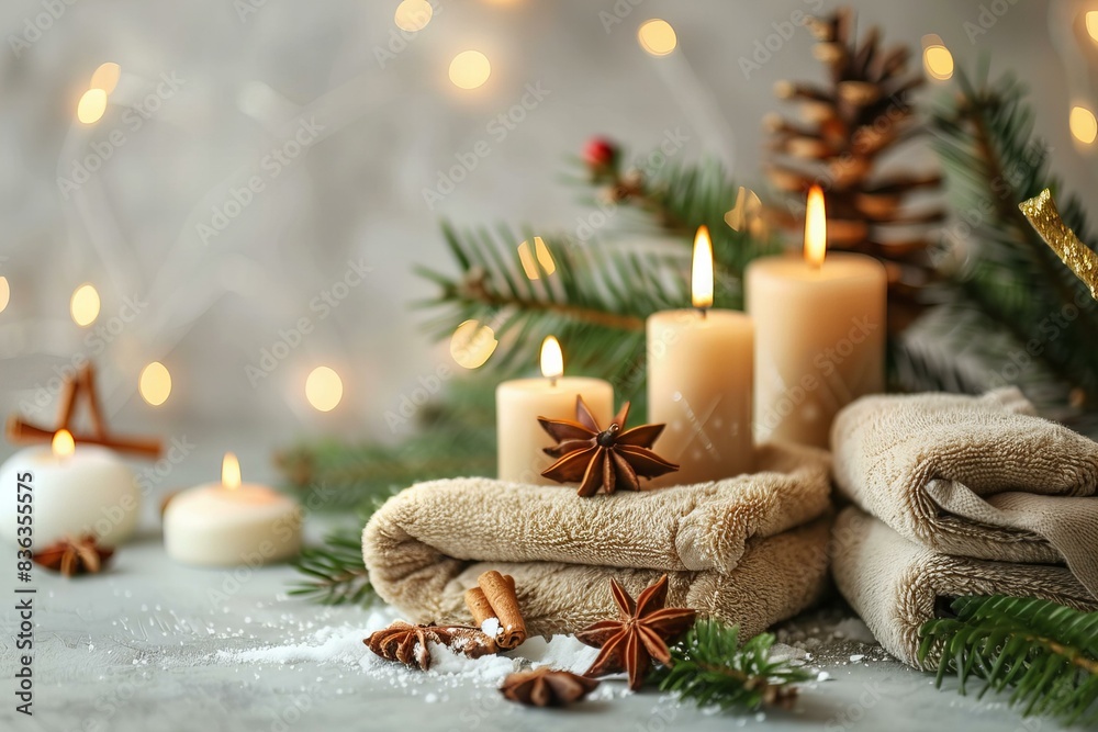 Candles and towels arranged on table with Christmas ornament Candles and towels arranged on table with Christmas ornament