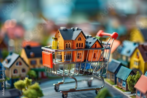 Miniature houses in a shopping cart on a miniature city street