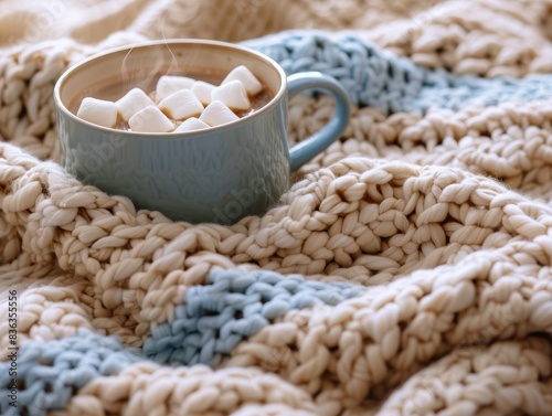 Wallpaper Mural Cozy Winter Indulgence - Steaming Hot Chocolate with Marshmallows on Knit Blanket Background. Torontodigital.ca