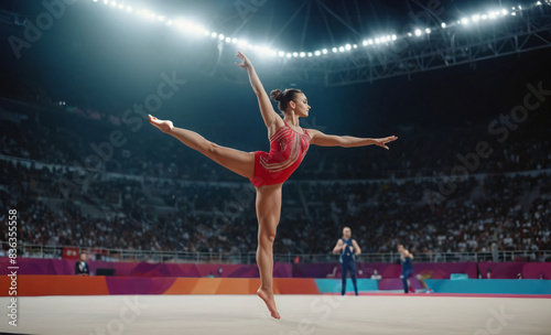 Professional female gymnast performs on balance beam displaying her incredible skills during sport competition. Graceful woman wearing a leotard performing stunts in professional arena at championship photo