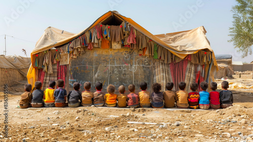 Children Learning Outdoors. Children sitting in front of an outdoor classroom setup with a blackboard, eagerly watching and learning in a unique educational environment. photo