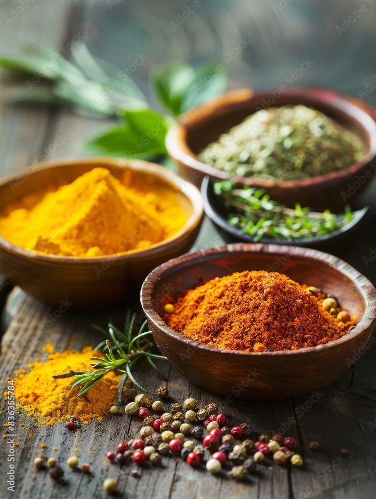 Vibrant Array of Colorful Spices and Herbs in Small Bowls on Wooden Table with Copy Space Vibrant Array of Colorful Spices and Herbs in Small Bowls on Wooden Table with Copy Space