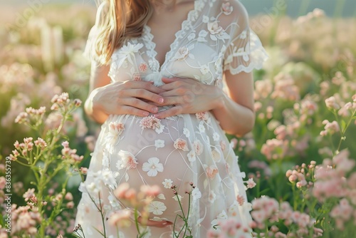Woman expecting baby standing in flower field touching pregnant belly