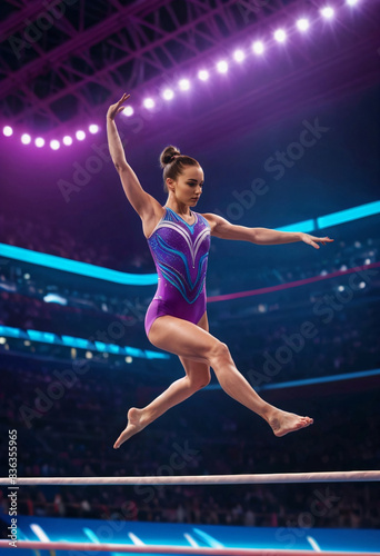 Professional female gymnast performs on balance beam displaying her incredible skills during sport competition. Graceful woman wearing a leotard performing stunts in professional arena at championship