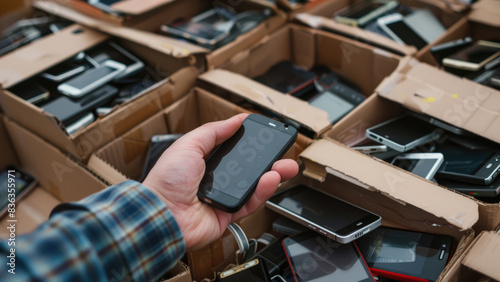 Hand Picking Used Smartphones from a Box at Electronics Market

