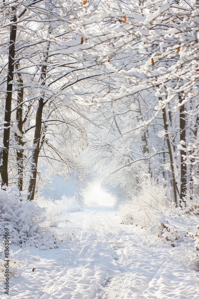 Obraz premium Serene Winter Wonderland - Peaceful Snowy Forest Path with Clear Sky, Snow-covered Trees, and Copy Space