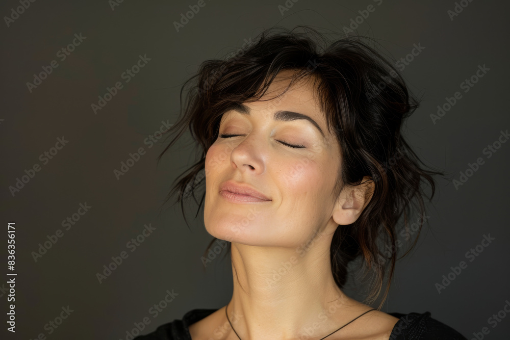 Fototapeta premium A close up of a woman's face with her eyes closed looking to a side