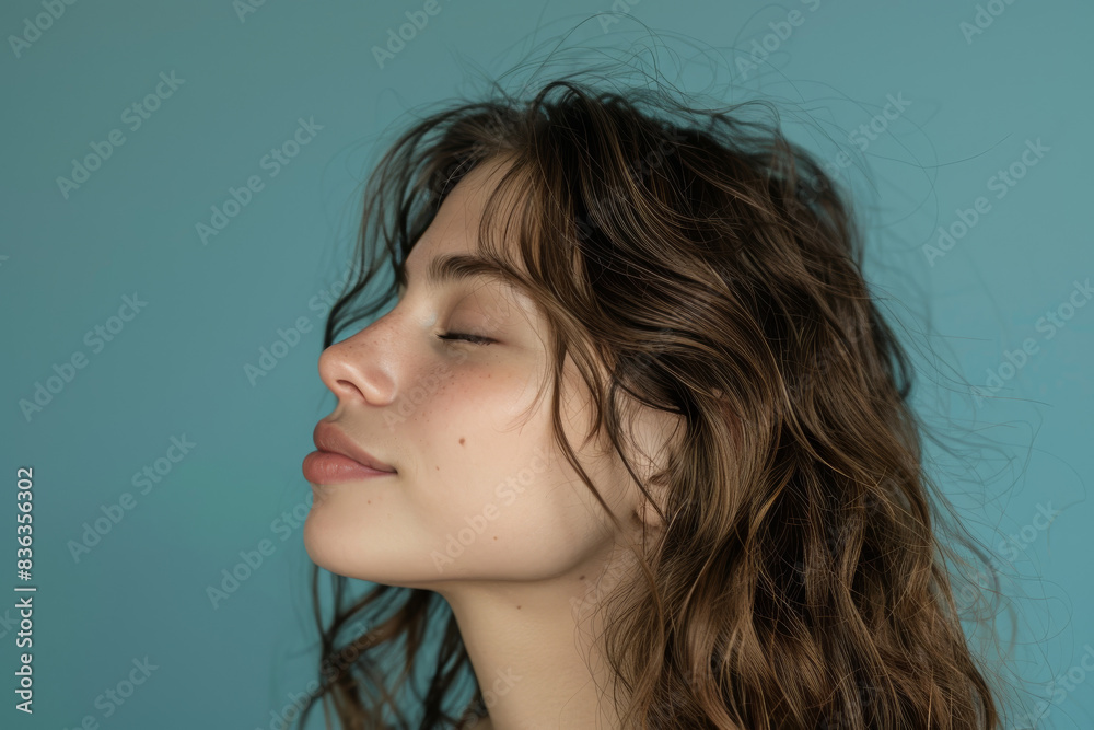 A close up of a woman's face with her eyes closed looking to a side A close up of a woman's face with her eyes closed looking to a side