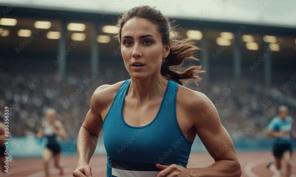 A strong female professional runner runs fast on a track racing during sport competition. Attractive athlete woman sprinter in sportswear at stadium at international championship.
