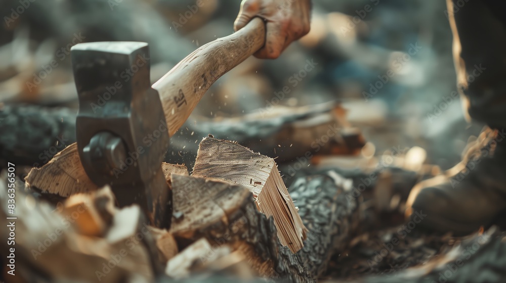 A hand with an axe cuts firewood, showcasing motion blur from a low angle, highlighting dynamic action. A hand with an axe cuts firewood, showcasing motion blur from a low angle, highlighting dynamic action.