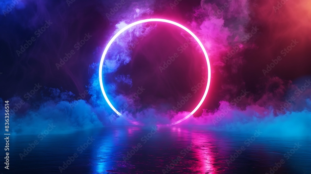 Abstract Cloud Illuminated by Neon Light Ring in Dark Night Sky 3D Render. Glowing Geometric Shape, Round Frame Abstract Cloud Illuminated by Neon Light Ring in Dark Night Sky 3D Render. Glowing Geometric Shape, Round Frame