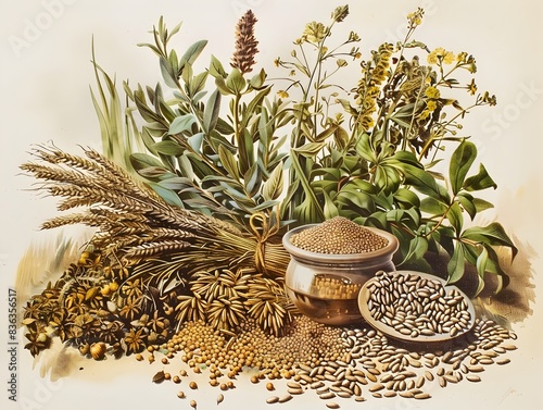 Vertical Composition of Various Herbs and Grains photo