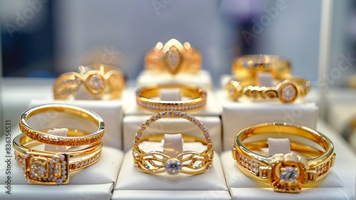 A collection of handcrafted golden rings on display / Female Focus Collection.